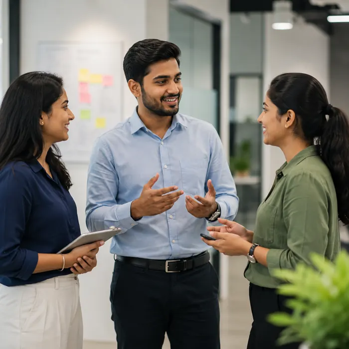 Professionals communicating during a workplace conversation