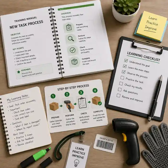 Workplace learning materials representing the process of learning a new task