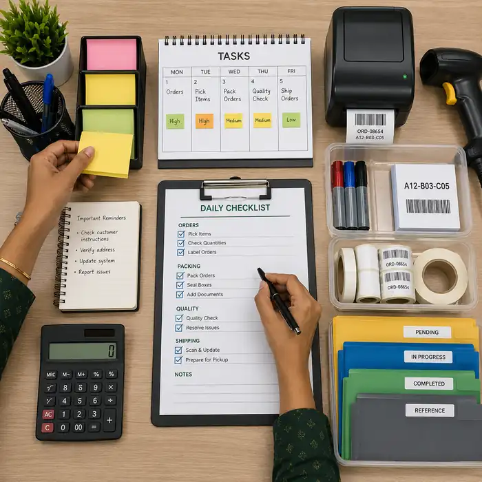 Worker organizing tasks and materials in the workplace