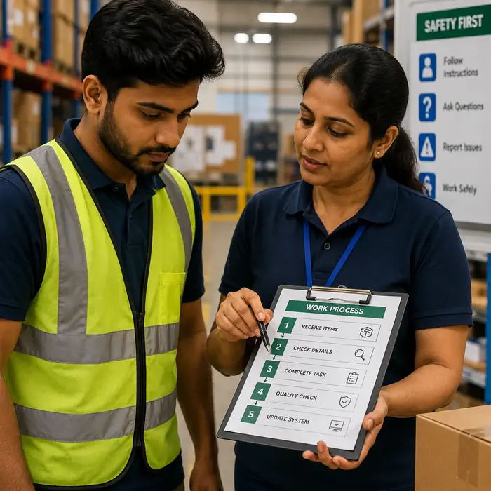 Employee reviewing workplace instructions before completing a task