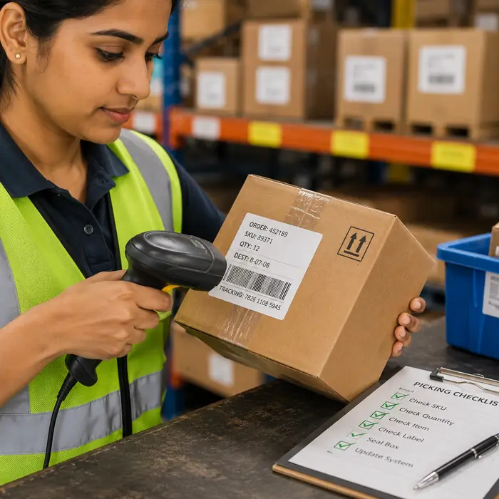 Worker carefully checking information for accuracy