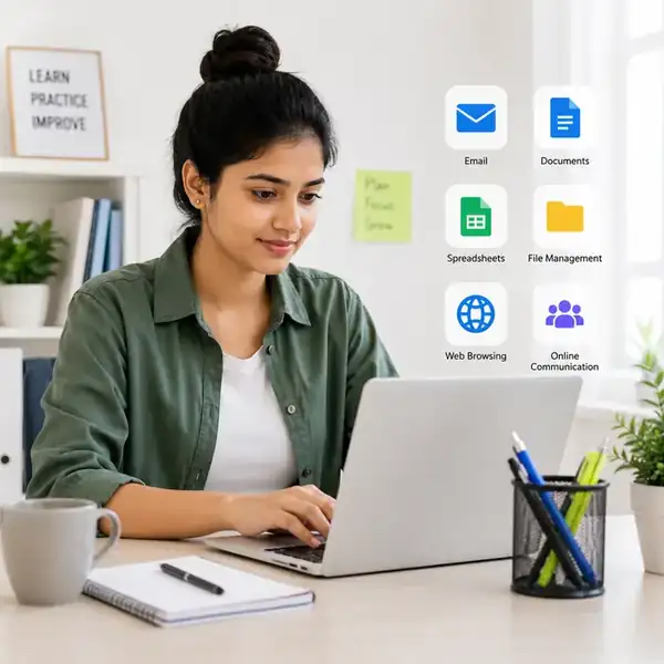Person practising basic computer skills on a laptop