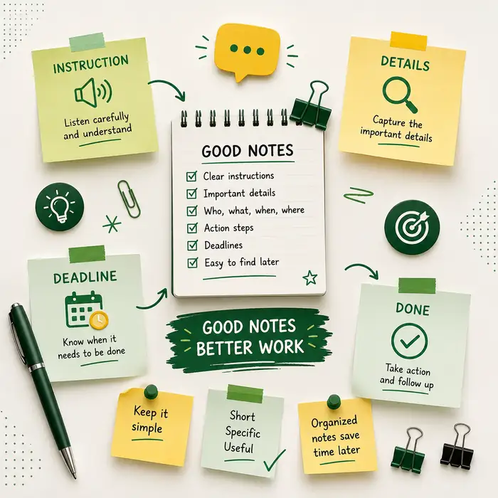 Organized workplace notes and important information