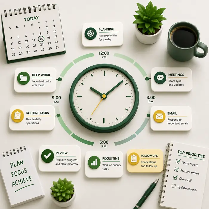 Visual representation of workplace time management and daily planning