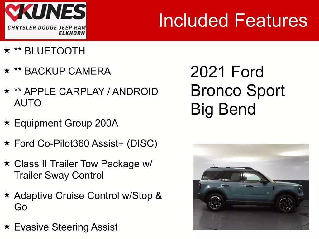 Used 2021 Ford Bronco Sport Big Bend with VIN 3FMCR9B63MRA08989 for sale in Elkhorn, WI