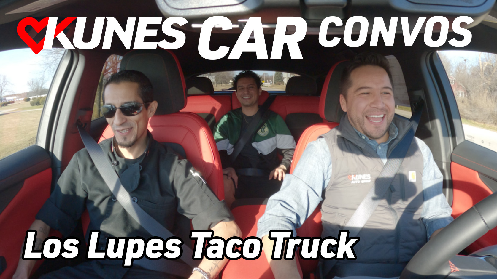 Image: Josue "Josh" Hernandez and Moises Hernandez, from Los Lupes Tacos Truck, and driver Jesse Jaramillo, General Manager at Kunes Chevrolet GMC of Elkhorn, WI, pictured inside of a 2024 Chevy Blazer EV RS. Text reads: Kunes Car Convos; Los Lupes Taco Truck
