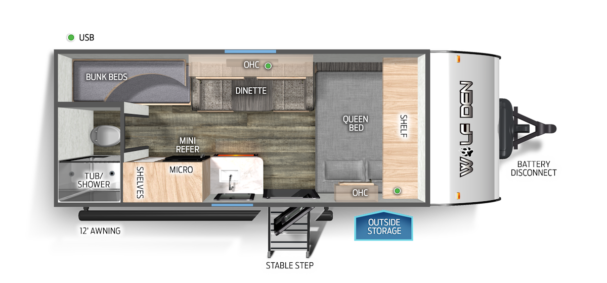 birds eye layout of the Forest River Cherokee's Wolf Den 16EV