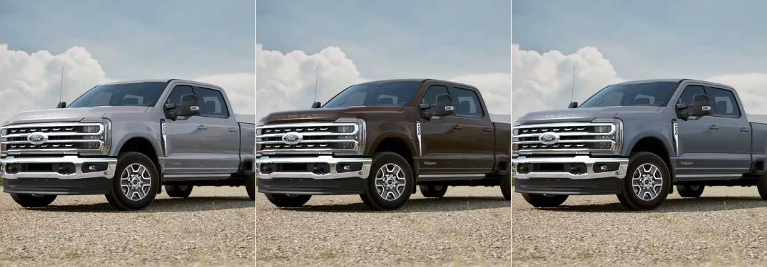 Iconic Silver, Bronze Metallic and Glacier Gray 2024 Ford Super Duty Models on a Farm