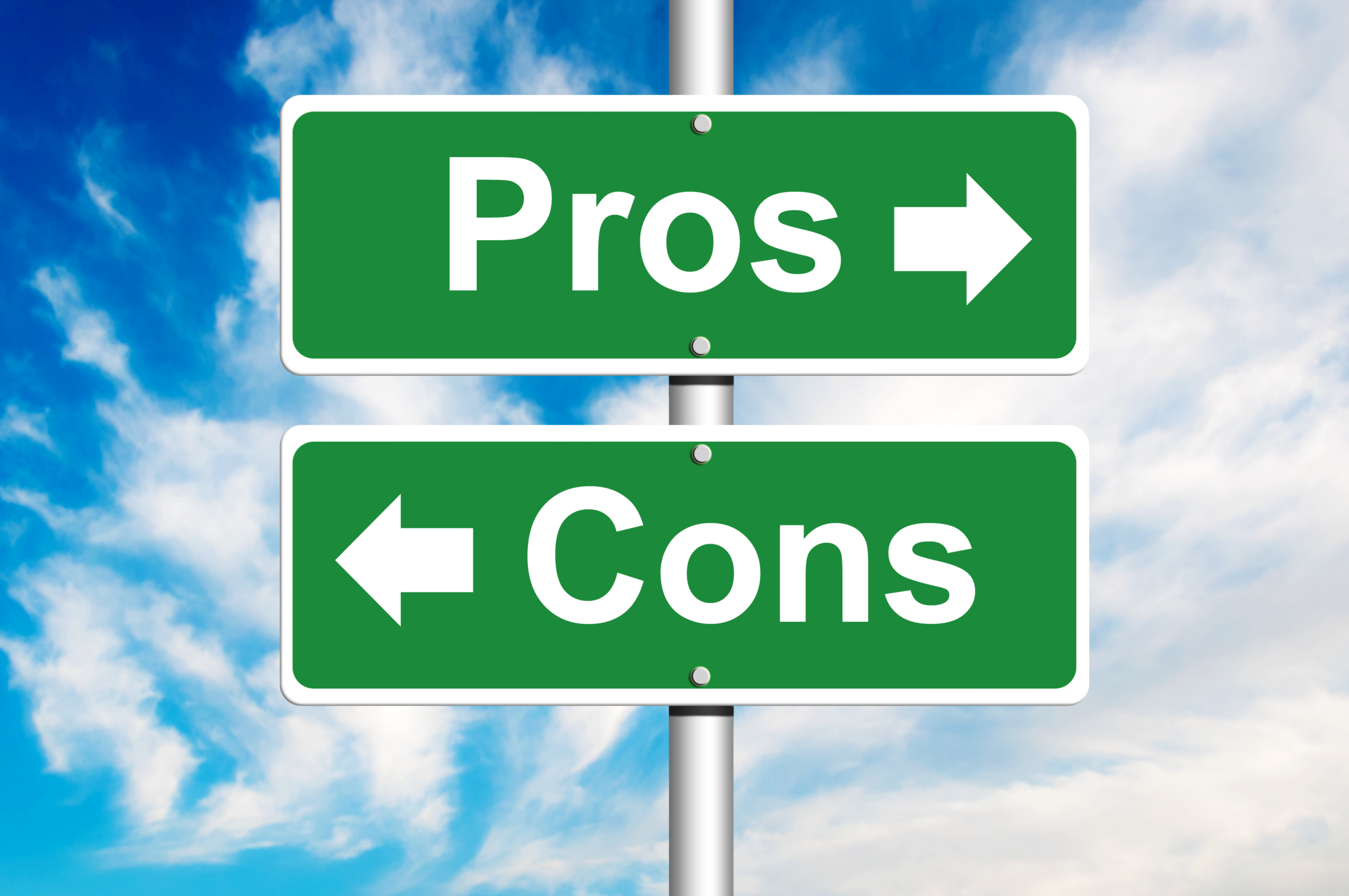 green street signs on the same pole, pointing in opposite directions, that say pros and cons