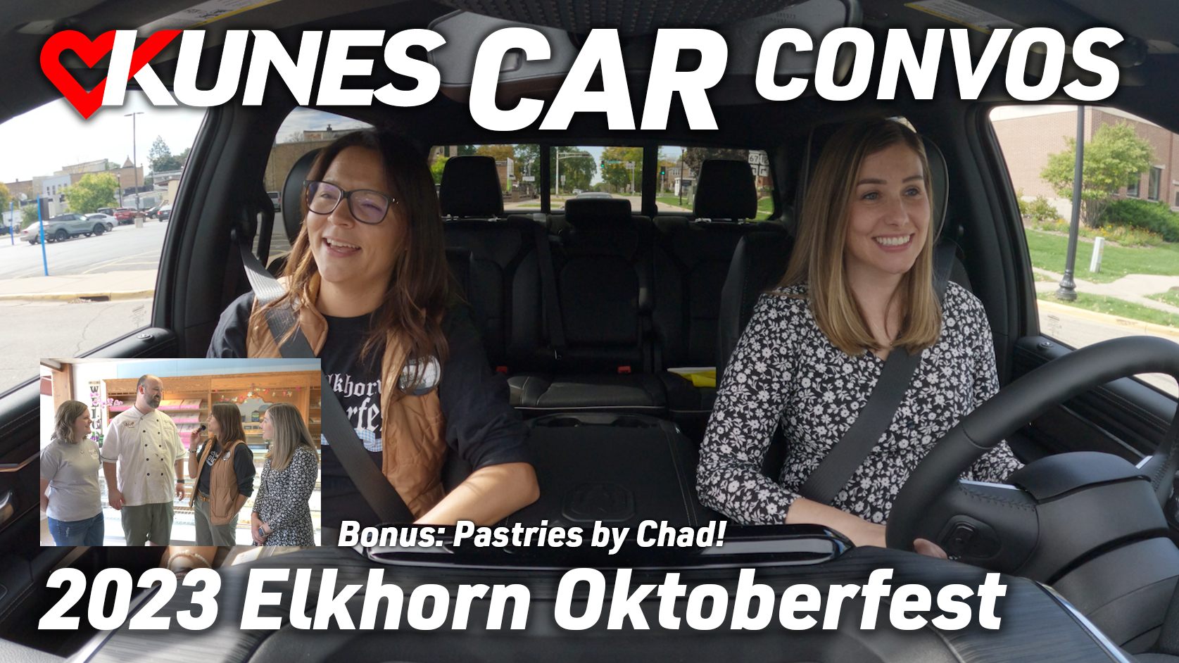 Pictured from left to right: Kate Abbe, from Elkhorn Area Chamber of Commerce, and Megan Swaney, Marketing Manager at Kunes Auto Gorup; Smaller image of Samantha and Chad Visger of Pastries by Chad in Elkhorn, WI; Text reads: Kunes Car Convos; Bonus: Pastries by Chad; 2023 Elkhorn Oktoberfest