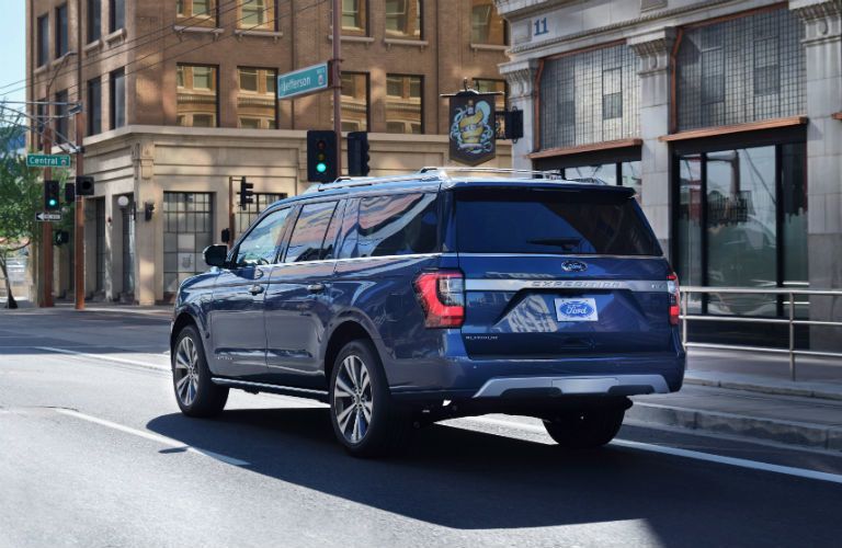 rear view of a blue 2021 Ford Expedition Platinum