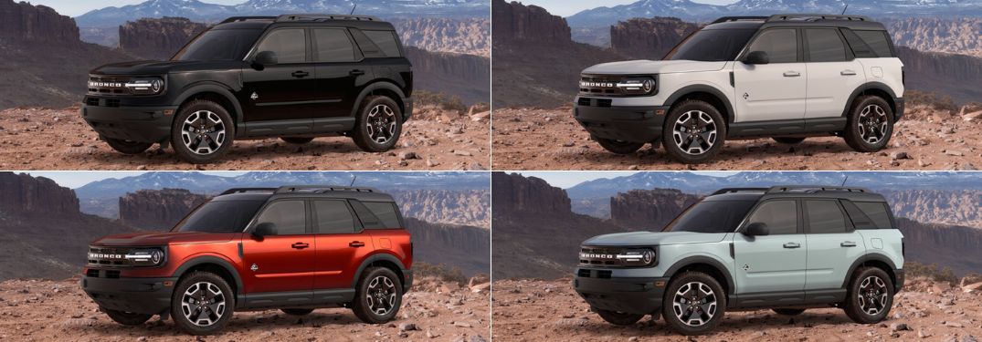 Shadow Black, Oxford White, Hot Pepper Red and Cactus Gray 2024 Ford Bronco Sport Models in the Desert