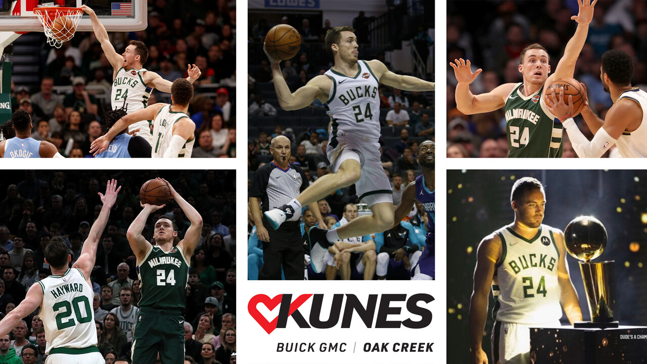  image text: Kunes Buick GMC, Oak Creek; image: Collage of photos of Milwaukee Bucks Player Pat Connaughton playing basketball