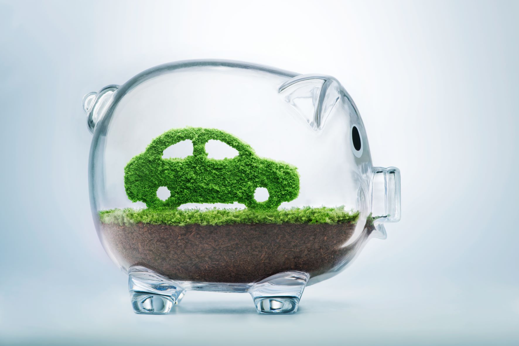 clear glass piggy bank showing a green car made of grass inside of it
