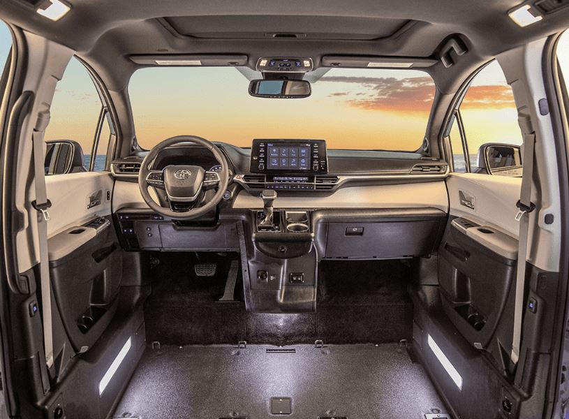 Toyota Sienna mobility van interior; view from back of van