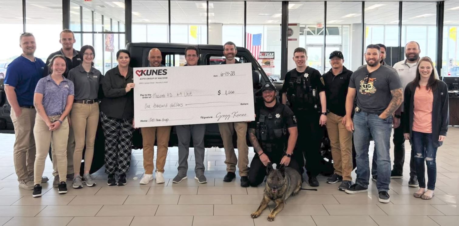 Kunes Auto Group of Macomb, IL, donating $1,000 towards Macomb Police Department's K-9 Unit Training Program