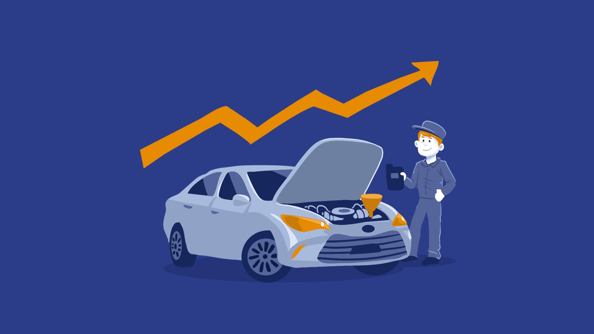 Mechanic Fixing Car With Positive Trend Arrow Behind him