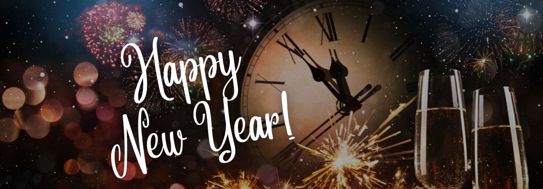 Champagne Flutes, Clock and Fireworks with White Happy New Year Text