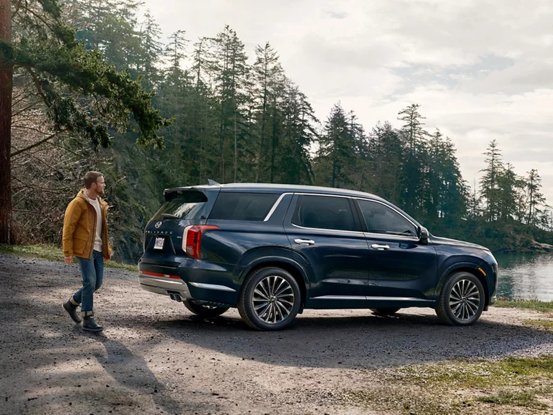 A man walking next to a Hyundai Palisade.