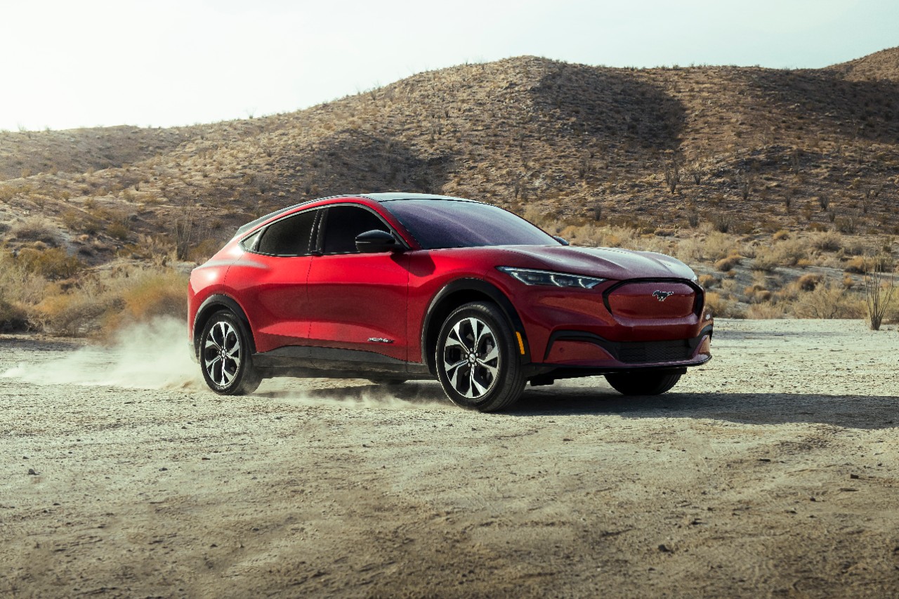 Red 2023 Ford Mustang Mach-E in the desert