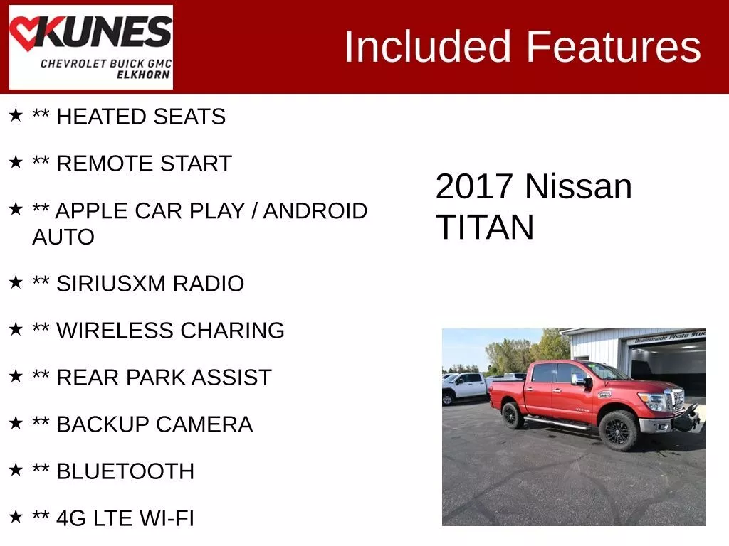 Used 2017 Nissan Titan SL with VIN 1N6AA1E50HN521971 for sale in Elk Horn, WI