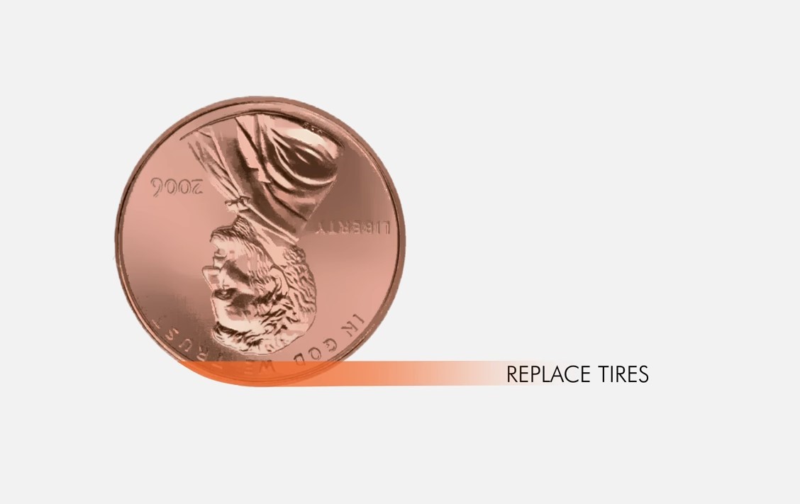 penny with orange graphic indicating when to replace tires; replace tires