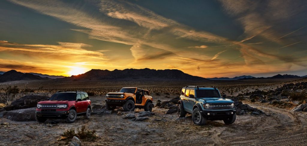 three 2021 Ford Bronco SUVs