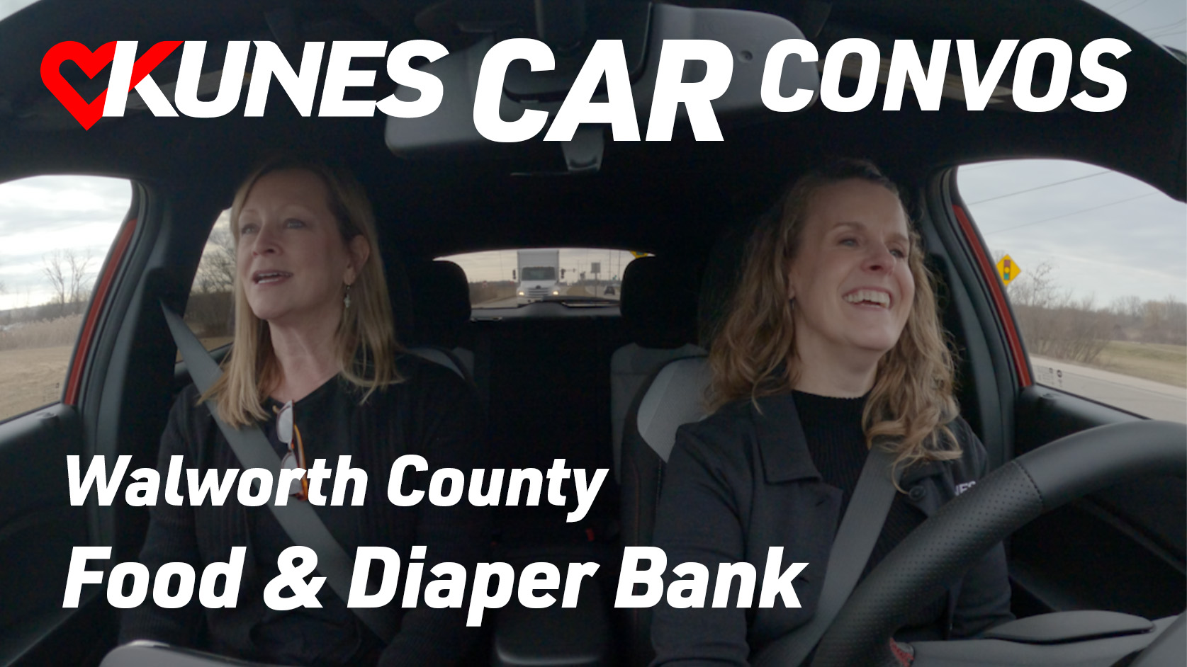 Pictured (left to right): Executive Director of Walworth County Food & Diaper Bank, Tammy Dunn, and Director of Marketing from Kunes Auto & RV Group, Jen Myers, inside of a 2024 Chevy Trax RX.
Text reads: Kunes Car Convos; Walworth County Food & Diaper Bank