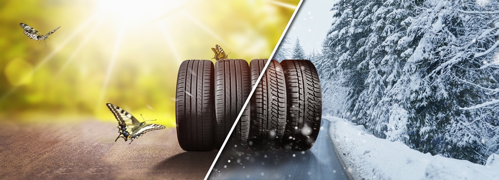 spring tires with a spring background, snow tires with a winter background