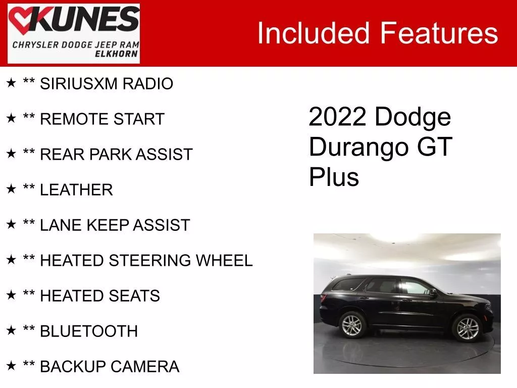 Used 2022 Dodge Durango GT Plus with VIN 1C4RDJDG1NC182595 for sale in Elkhorn, WI