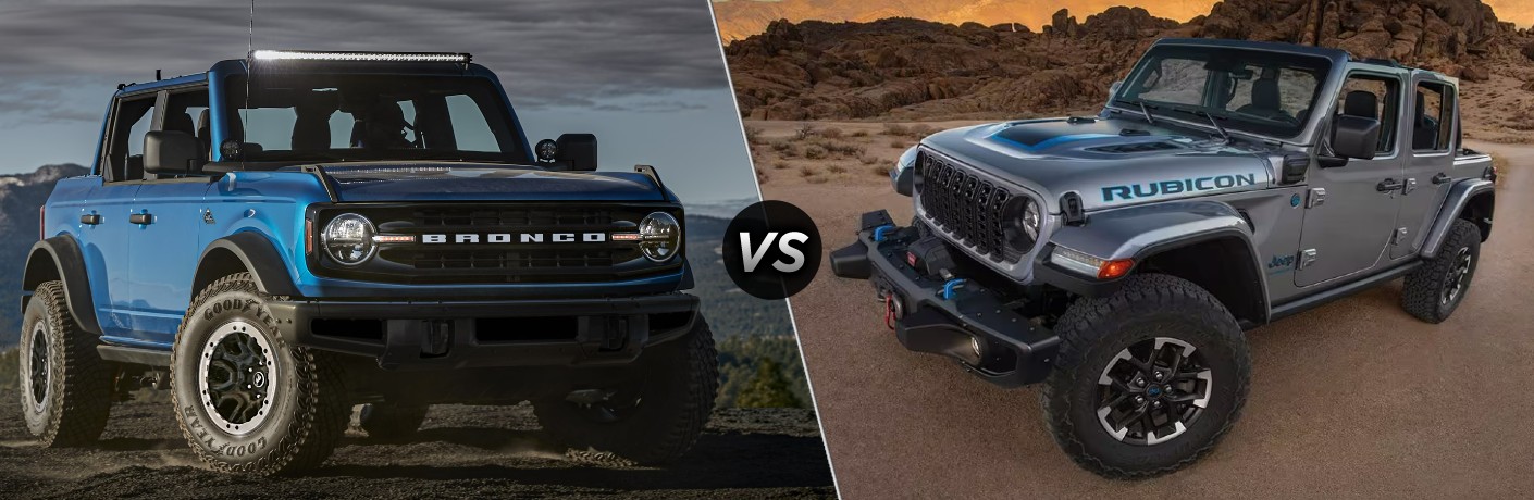 Blue 2024 Ford Bronco in the Mountains vs Gray 2024 Jeep Wrangler in a Desert