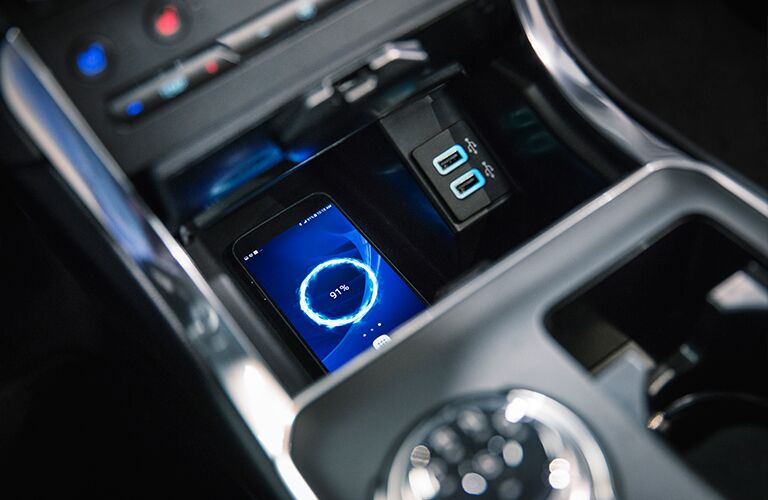 close up of the wireless charging station in a 2019 Ford Edge