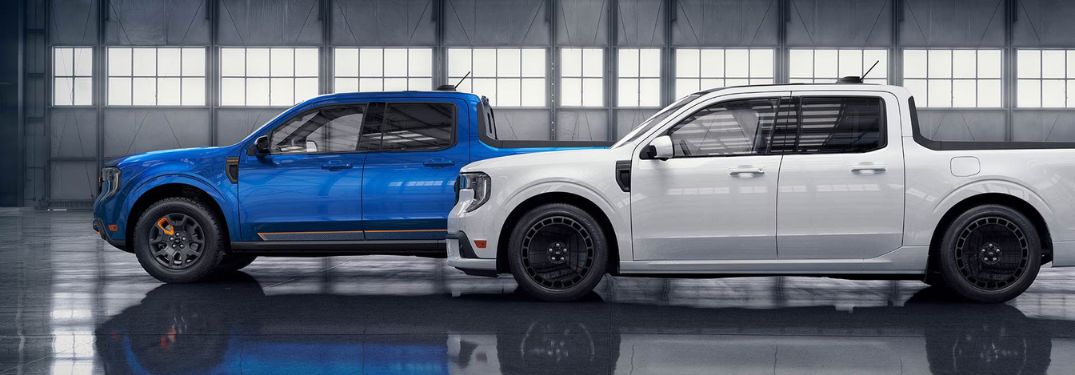 Blue 2025 Ford Maverick Tremor and White 2025 Ford Maverick Lobo in a Warehouse