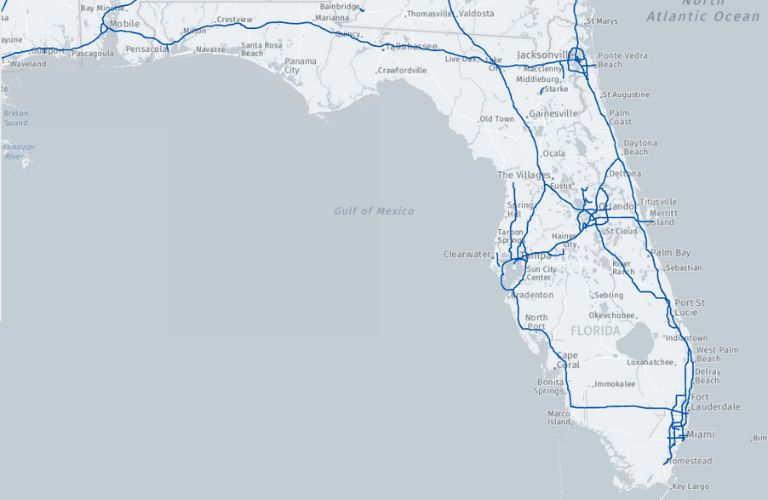 Map of Florida with Ford BlueCruise Blue Zones Marked with Blue Lines