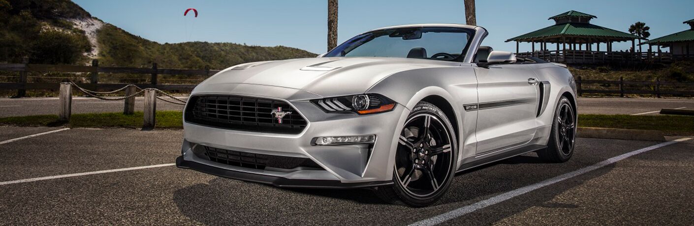 front view of a silver 2019 Ford Mustang California Special convertible