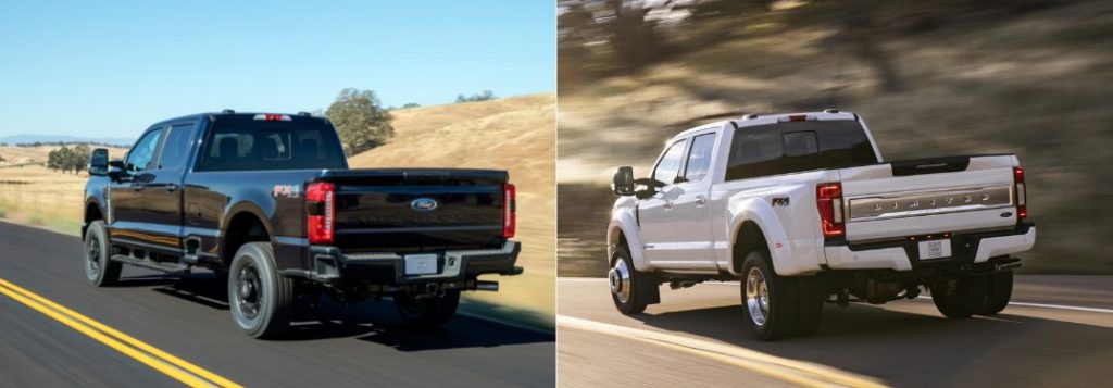 Black 2023 Ford Super Duty Rear Exterior vs White 2022 Ford Super Duty Rear Exterior