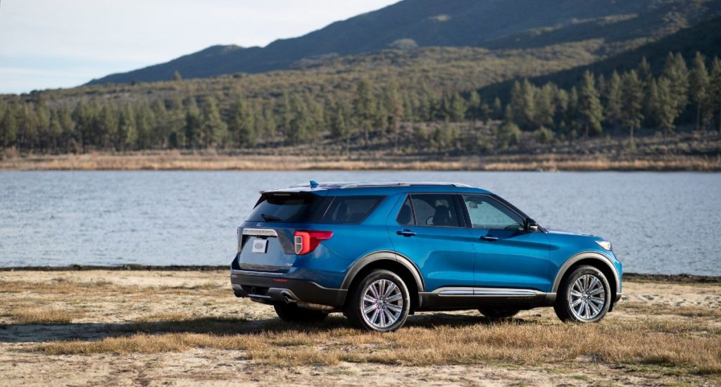 side view of a blue 2021 Ford Explorer