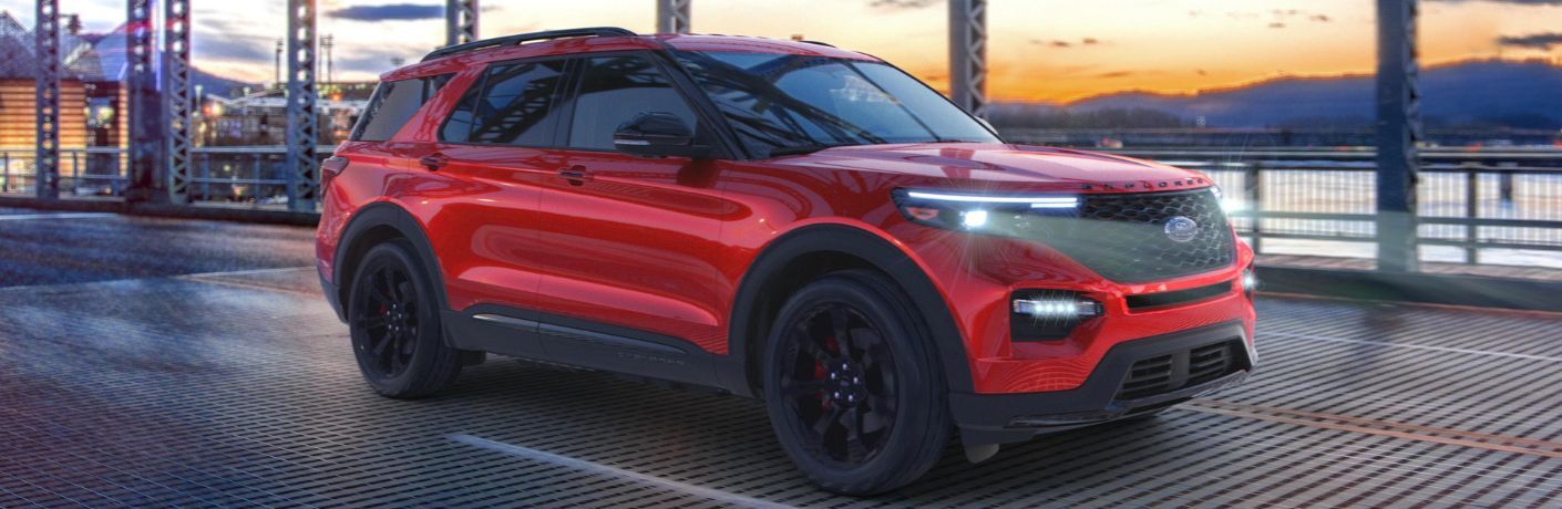 Red 2023 Ford Explorer on a Bridge