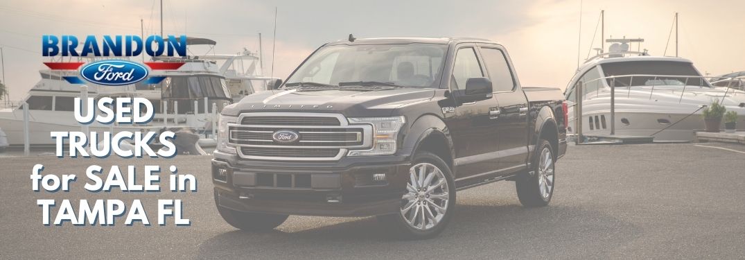 Black 2019 Ford F-150 at a Marina with White Used Trucks for Sale in Tampa FL Text and Brandon Ford Logo