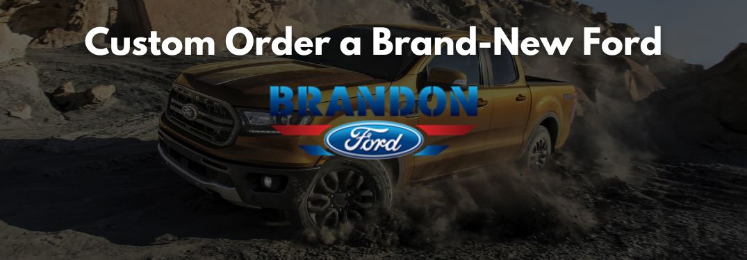 Gold 2022 Ford Ranger on a Desert Trail with White Custom Order a Brand-New Ford Text and Brandon Ford Logo