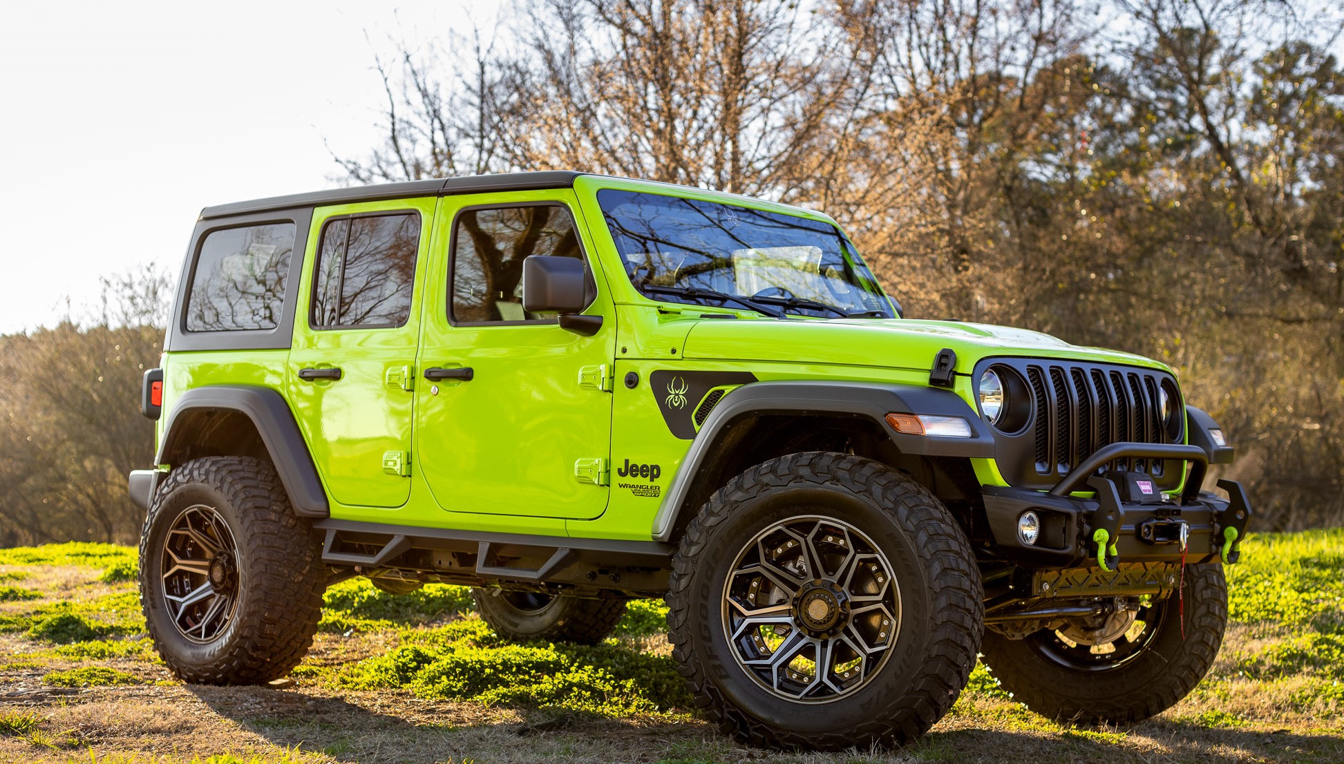 lime green jeep wrangler with black widow upfit 