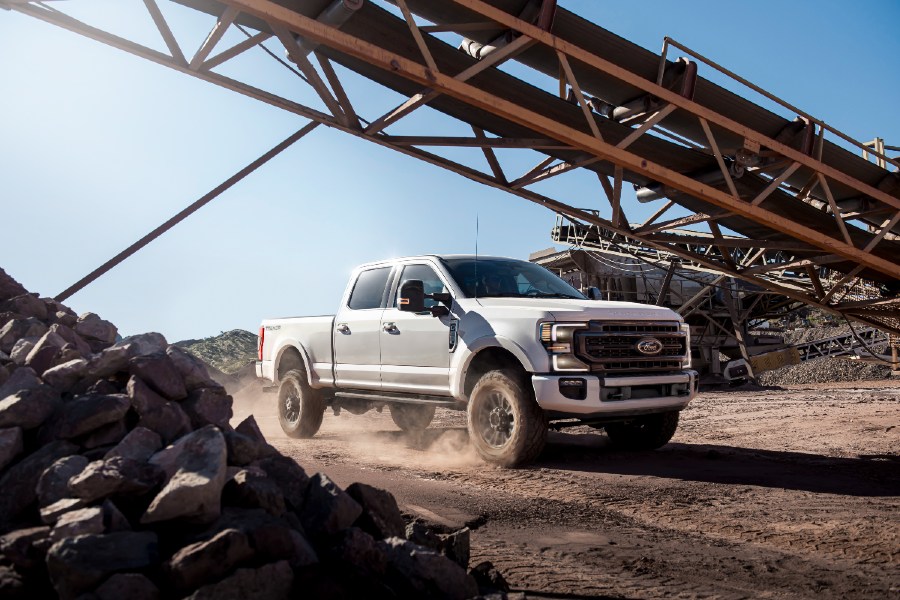 side view of a white 2021 Ford Super Duty