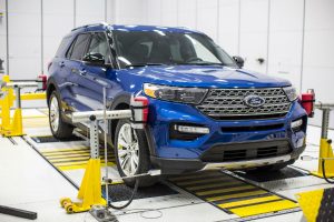safety tests run on a blue 2020 Ford Explorer