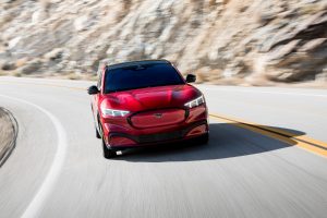 front view of a red 2021 Ford Mustang Mach-E