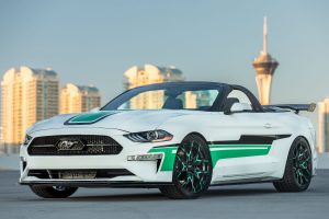 Custom 2018 Ford Mustang convertible with white and green exterior paint and a drag wing