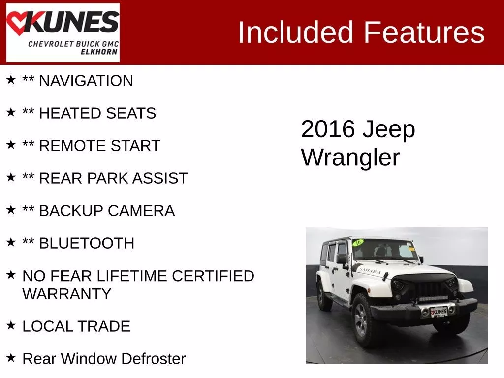 Used 2016 Jeep Wrangler Unlimited Sahara with VIN 1C4HJWEG5GL300974 for sale in Elk Horn, WI