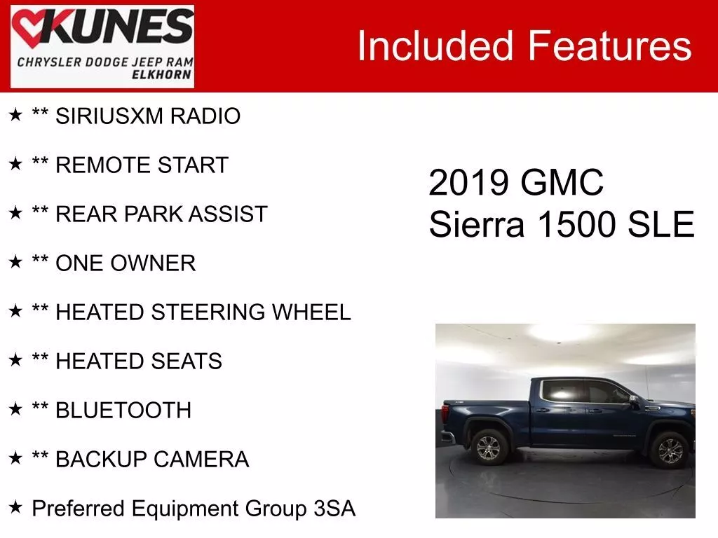 Used 2019 GMC Sierra 1500 SLE with VIN 3GTU9BED3KG248868 for sale in Elkhorn, WI