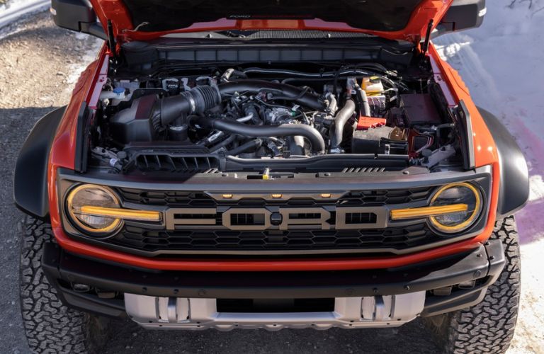 Orange 2024 Ford Bronco Raptor 3.0-Liter EcoBoost V-6 Engine Under the Hood