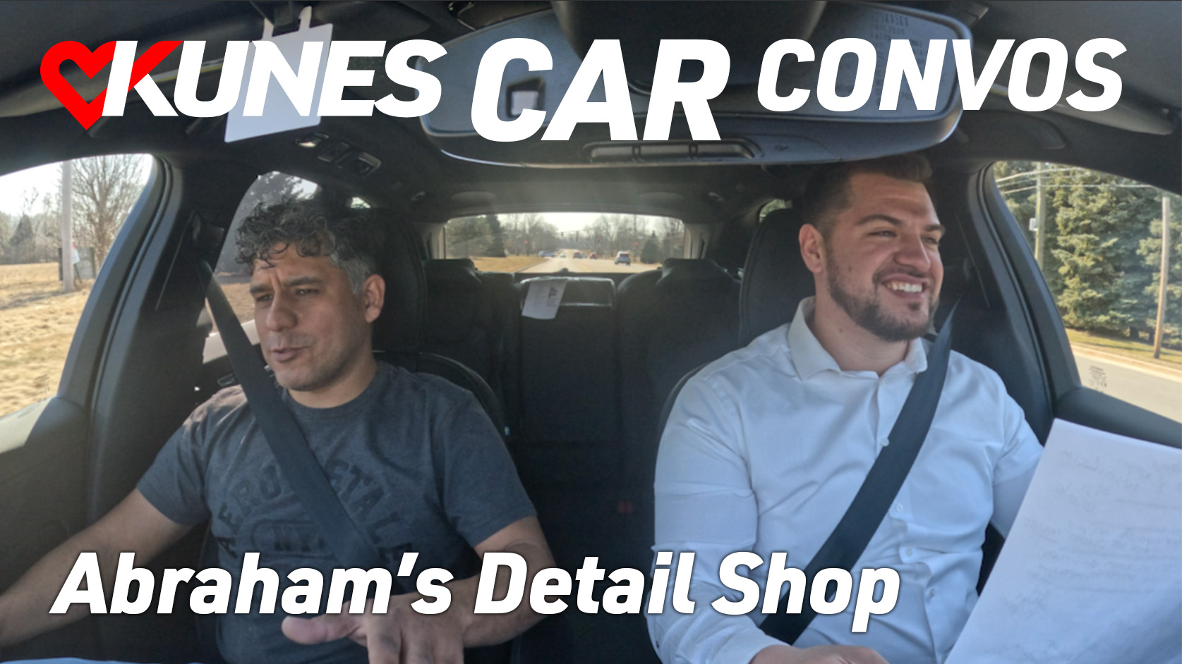 Pictured left to right: Roberto Salazar, owner of Abraham's Detail Shop, and Andres Quiñones, Sales Representative at Kunes Auto Mall of Sycamore, inside of a 2024 Volvo XC60
Text reads: Kunes Car Convos; Abraham's Detail Shop