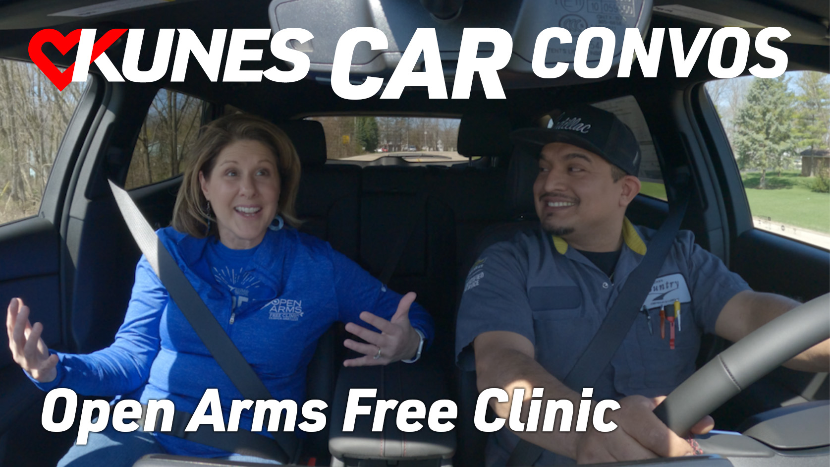 Pictured left to right: Sarah Nichols, Executive Director of Open Arms Free Clinic, and Jose Cano, technician at Kunes Chevrolet Cadillac of Delavan, WI

Text reads: Kunes Car Convos; Open Arms Free Clinic